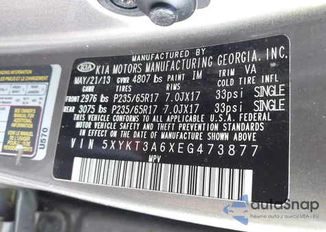 2014 Kia Sorento Lx z USA, uszkodzony, nr VIN 5XYKT3A6XEG473877